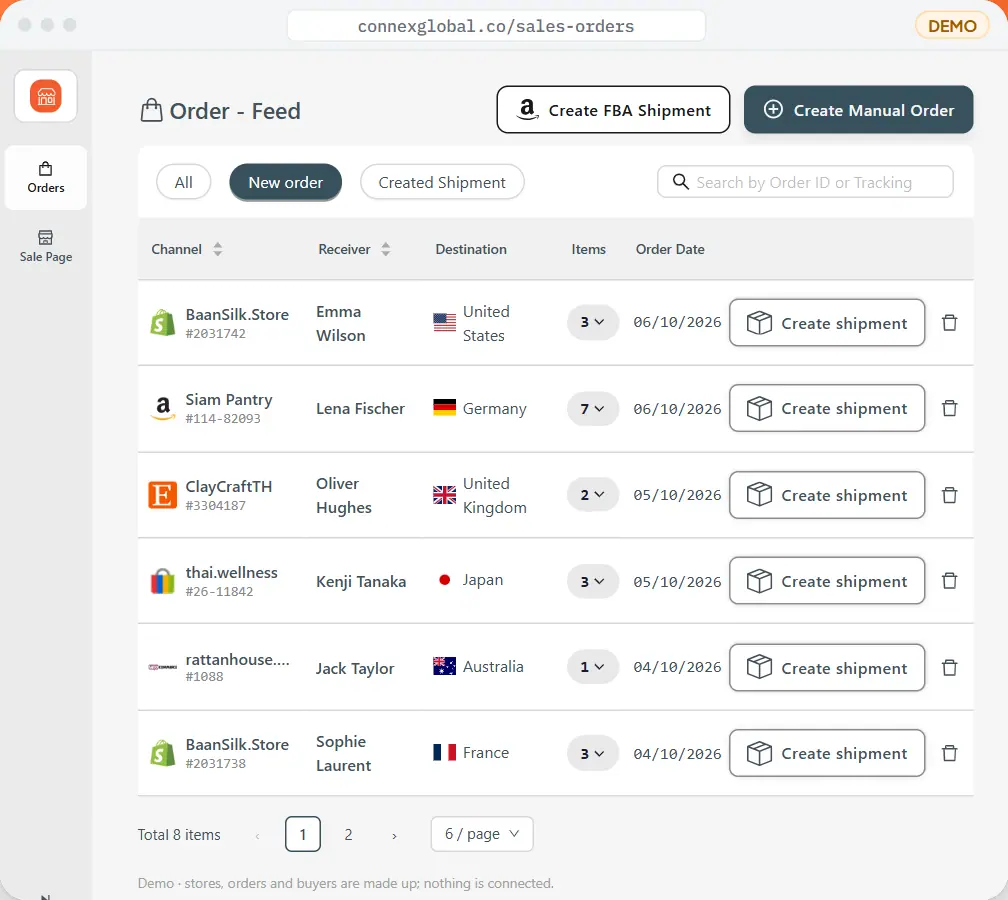 Every order, one feed — Orders from your shops and marketplaces land in one list, ready to ship.