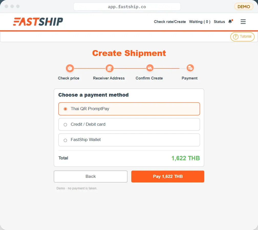Pay — Thai QR PromptPay, card or the FastShip wallet.