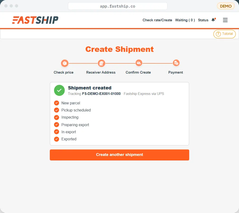Shipment created — A tracking number, and the status trail from new parcel to exported.